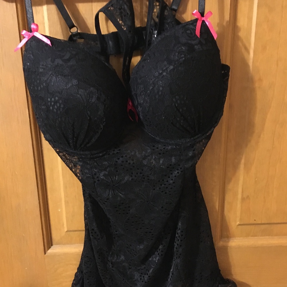 Dreamgirl Black Pink Stretch Lace Garter Slip XL